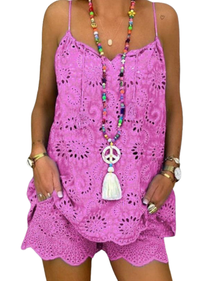 SHOPIQAT New Women's Sleeveless Drawstring Ruffled Hollow Camisole Embroidered Shorts Suit - Premium from shopiqat - Just $9.700! Shop now at shopiqat